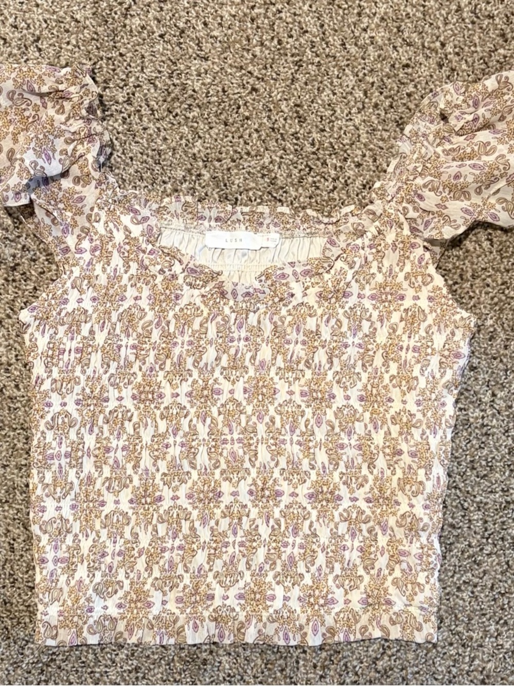 Lush Cream Smocked Top with Lavender Floral Print